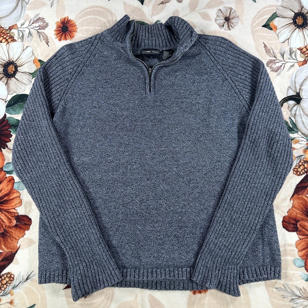 Jeanne Pierre Mens Quarter Zip Ribbed Pullover Sweater Cotton Gray Size Large